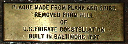 USS Constellation Relic Spike and Wood Plaque