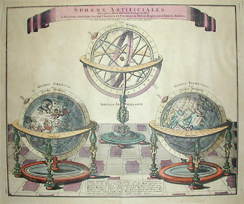 Seutter Study of Pair of Globes and Armillary