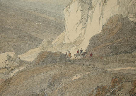 Detail of travelers on mountain trail