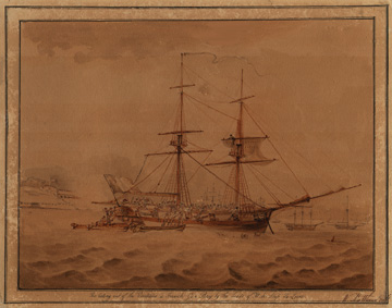 The Cutting out of the Venteaux, a French Gun Brig, by the boats of H.M. Ship La Loire, pencil, ink and wash