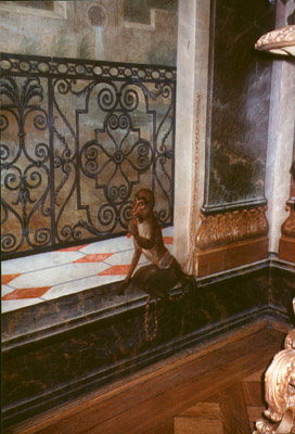 Trompe l'oeil painting of monkey on wall