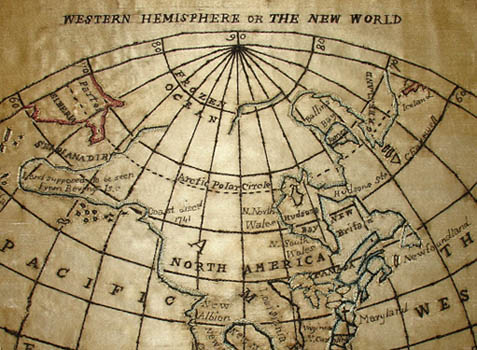 Silk Embroidered Double Hemisphere World Map detail