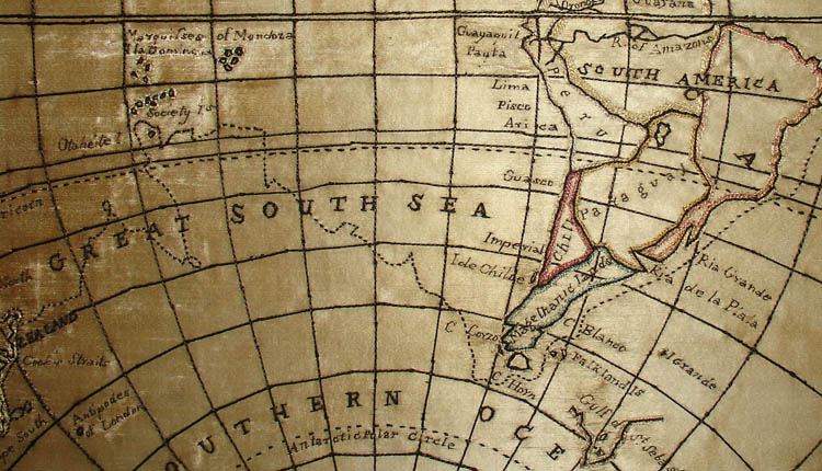 Silk Embroidered Double Hemisphere World Map detail