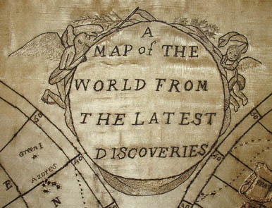 Silk Embroidered Double Hemisphere World Map detail