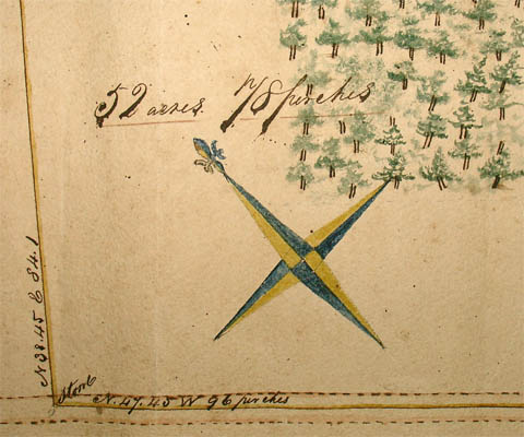 The lower left corner of this detail is marked "Stone" to show the location of a surveying stone. It also shows the compass rose, topped by a fleur-de-lis, and trees to indicate a wooded area.