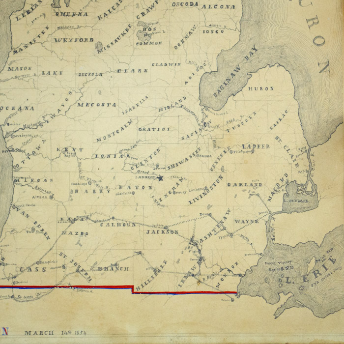 Map, Michigan, Student’s Manuscript, Folk Art, Antique Drawing, 1854 ...
