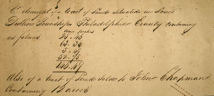 The upper left corner is inscribed with the map's title, the dimensions of four tracts in acres and perches totalling 146 acres, 49 perches, and the notation, "Also of a tract of land sold to John Chapman Containing 12 acres."