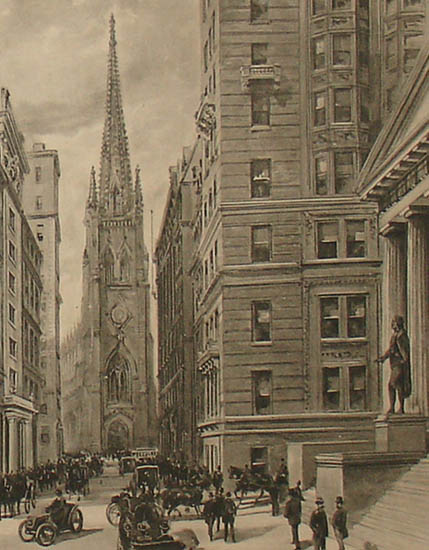 Trinity Church detail with statue of George Washington in right foreground.