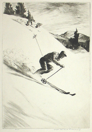 Downhill Skiers Drypoint Etching