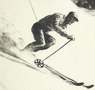 Downhill Skiers Drypoint Etching