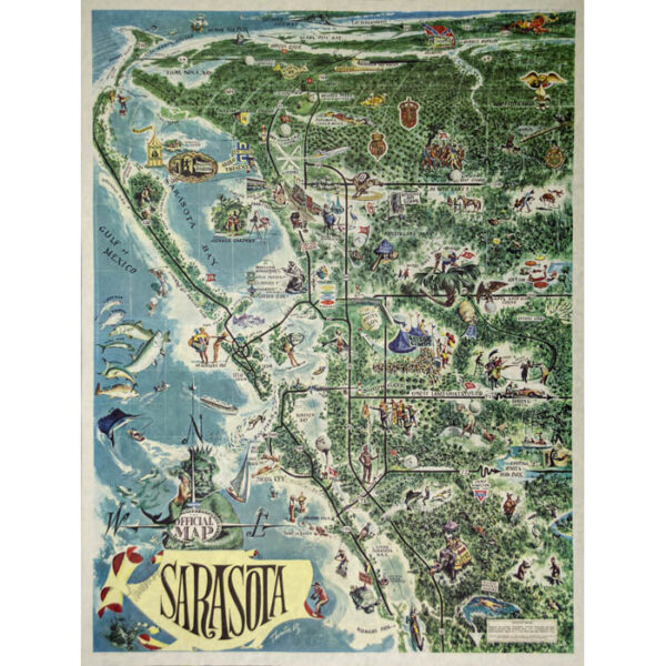 Map, Florida, Sarasota, Pictorial, Thornton Utz, Vintage Print, 1960s