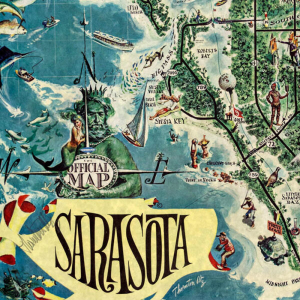 Map, Florida, Sarasota, Pictorial, Thornton Utz, Vintage Print, 1960s