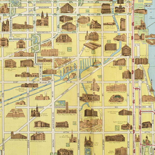 Chicago Motor Coach Pictorial Map of Chicago, detail