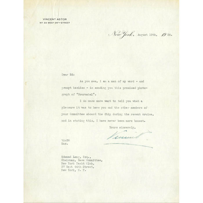 Letter related to The Yacht Nourmahal