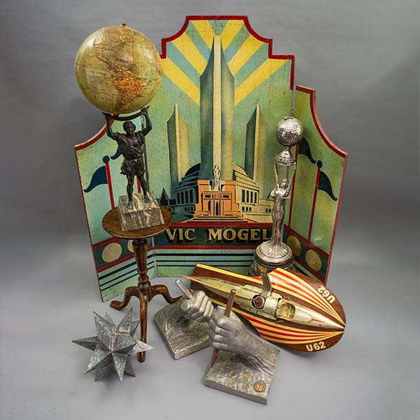 Group photo of decorative objects and a globe