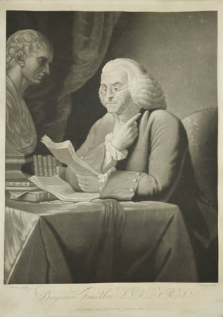 Benjamin Franklin with bust of Newton